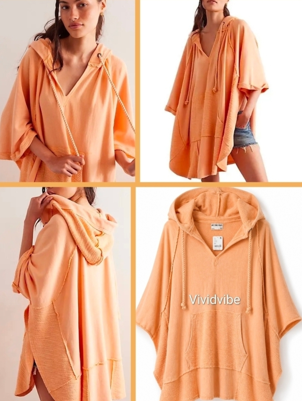 Free People So Fresh Poncho Oversized Pumpkin/Orange Combo Large/XL NWT$108